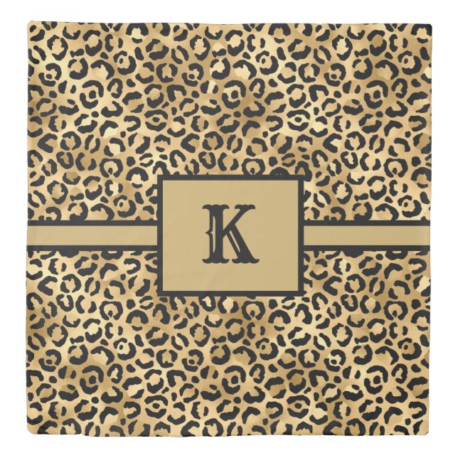 Monogrammed Black and Gold Leopard Print Duvet Cover (Front)