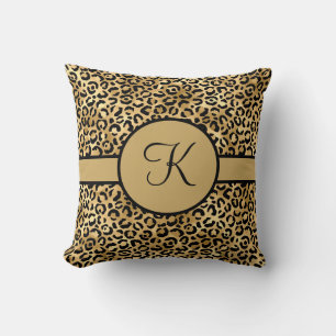 Monogrammed Black and Gold Leopard Print Throw Pillow
