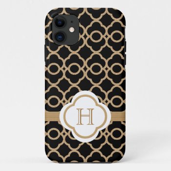Monogrammed Black And Gold Moroccan Iphone 11 Case by cutecases at Zazzle