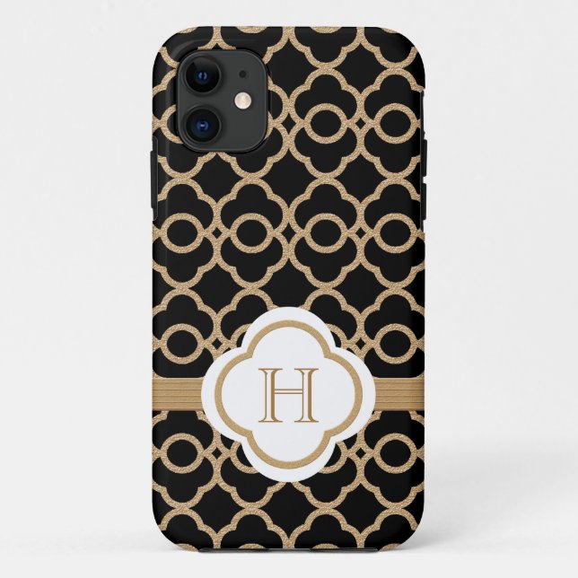 Monogrammed Black and Gold Moroccan Case-Mate iPhone Case (Back)