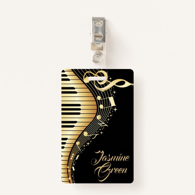 Monogrammed Black And Gold Music Notes Badge (Front with Clip)
