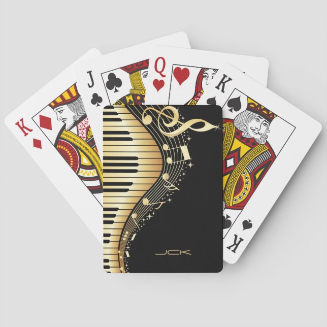 Monogrammed Black And Gold Music Notes Poker Cards (Back)