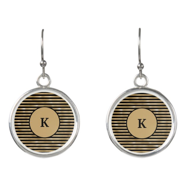 Monogrammed Black and Gold Striped Chic Modern  Earrings (Front)