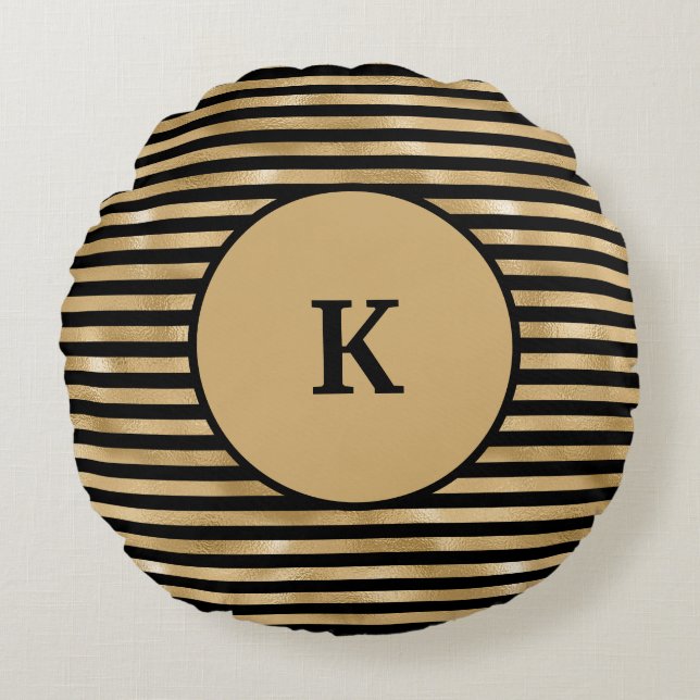 Monogrammed Black and Gold Striped Chic Modern  Round Pillow (Front)