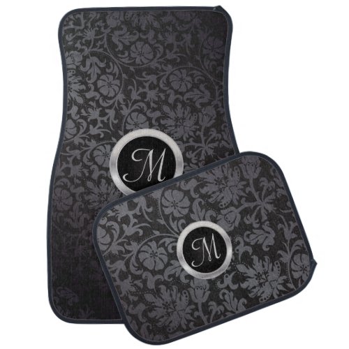 Monogrammed Black and Gray Damask Car Mat