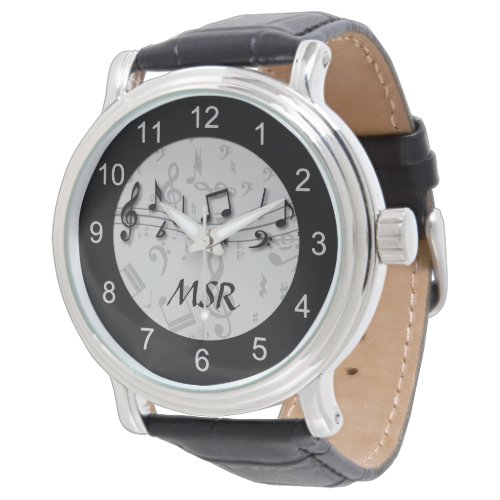 Monogrammed Black and Gray Musical Notes Watch