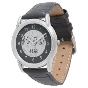 Monogrammed Black and Gray Musical Notes Watch