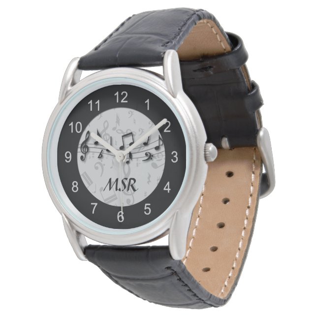 Monogrammed Black and Gray Musical Notes Watch (Angled)