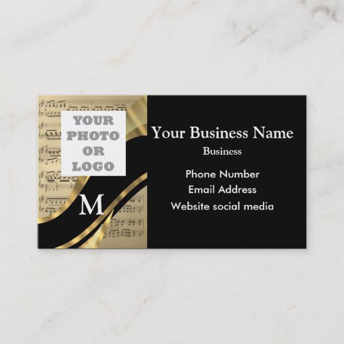 Monogrammed black and music pattern and logo business card
