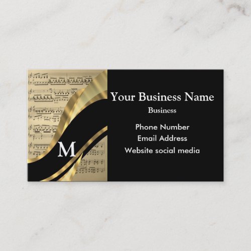 Monogrammed black and music sheet pattern business card