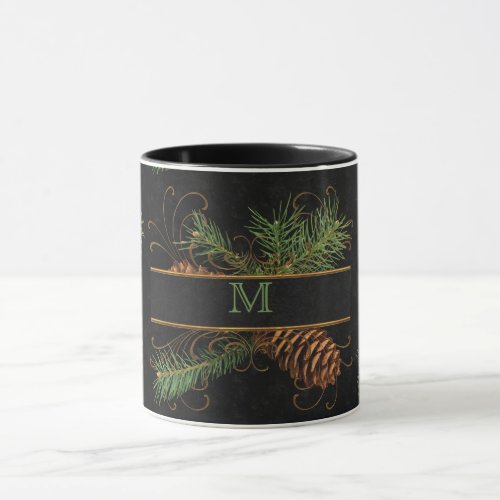 Monogrammed Black and Pine Cone Woodland Theme Mug