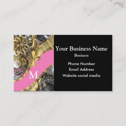 Monogrammed black and  pink artistic jewelry business card