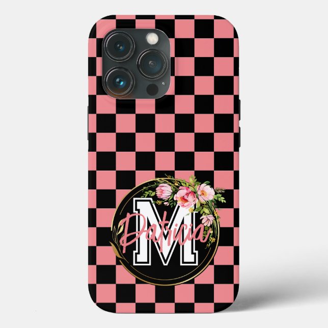 Monogrammed black and PINK Checkered Flower Case-Mate iPhone Case (Back)