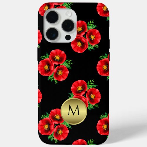 Monogrammed Black and Red Floral Poppies  iPhone 15 Pro Max Case