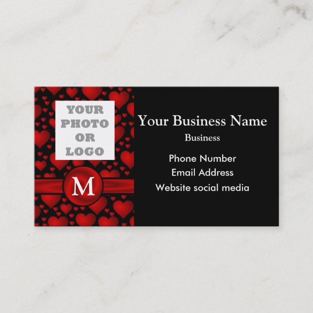 Monogrammed black and red heart pattern and logo business card (Front)