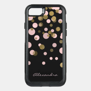 Monogrammed Black and Rose Gold Foil Confetti OtterBox Commuter iPhone SE/8/7 Case