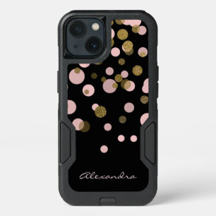 Monogrammed Black and Rose Gold Foil Confetti iPhone 13 Case