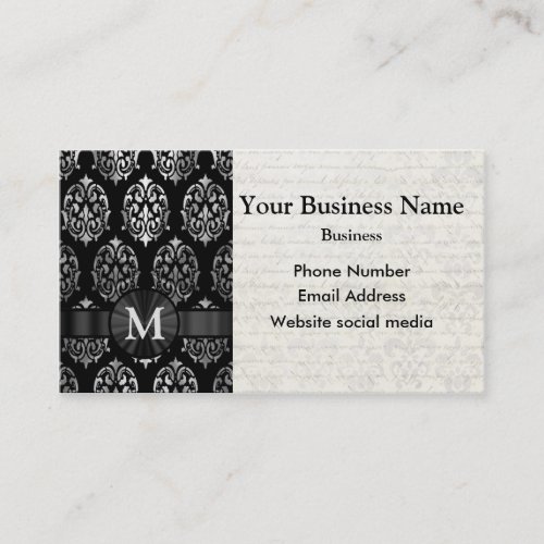 Monogrammed black and silver damask business card