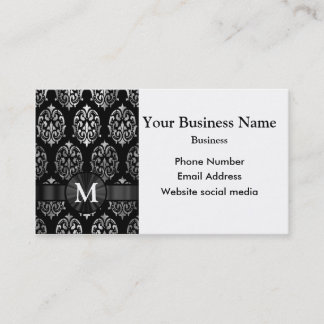 Monogrammed black and silver damask business card