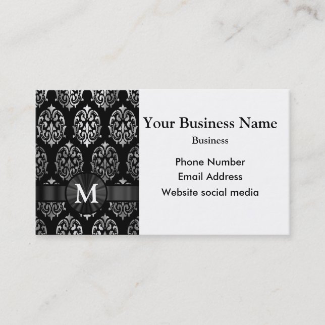 Monogrammed black and silver damask business card (Front)