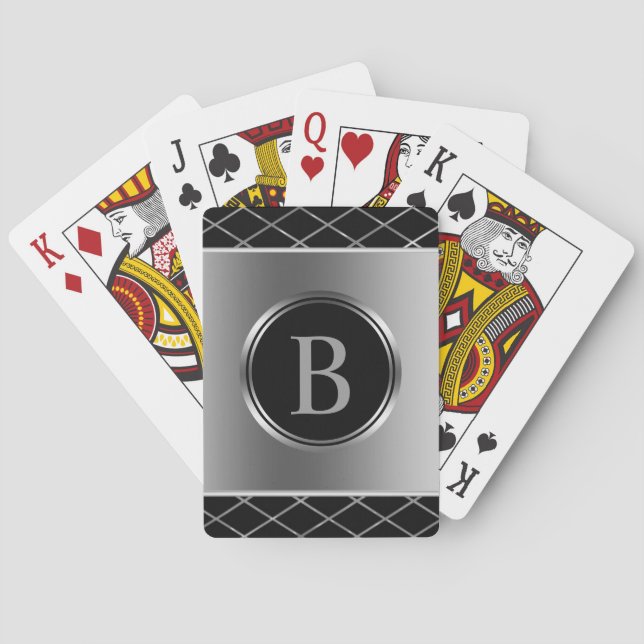 Monogrammed Black And Silver Geometric Design Poker Cards (Back)