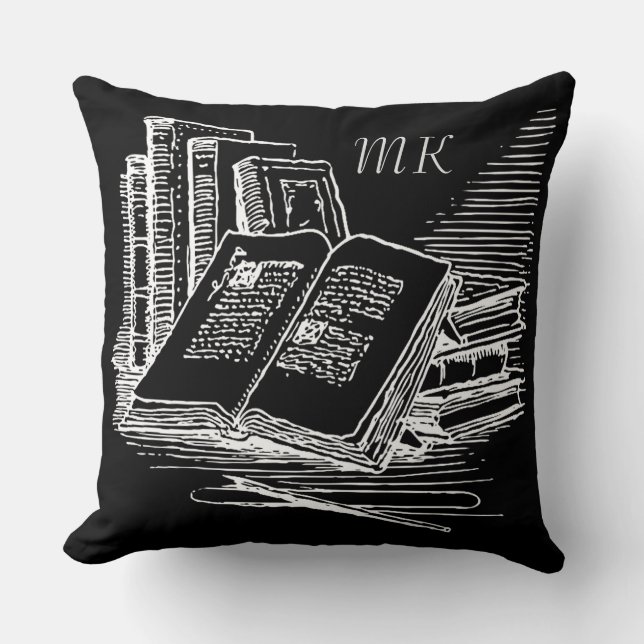 Monogrammed Black And White Academia  Throw Pillow (Front)
