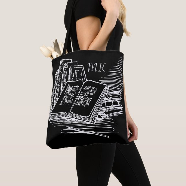 Monogrammed Black And White Academia  Tote Bag (Close Up)