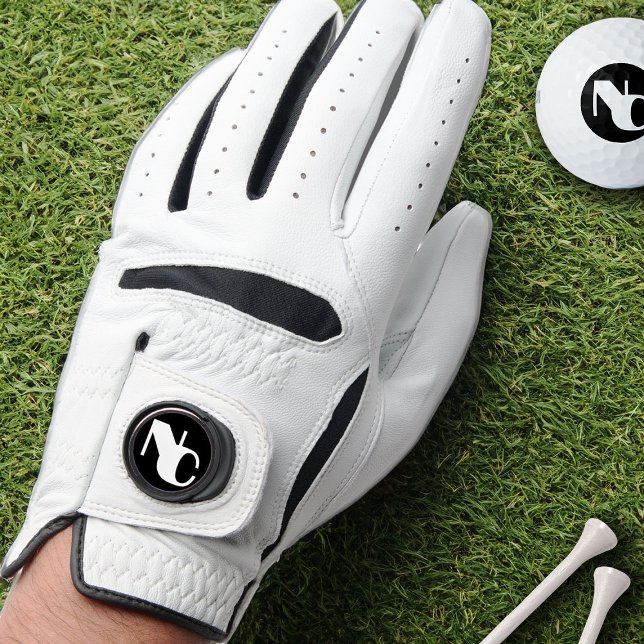 Monogrammed Black and White Bold Initials Golf Glove (Modern monogram double initials on the magnetic marker)