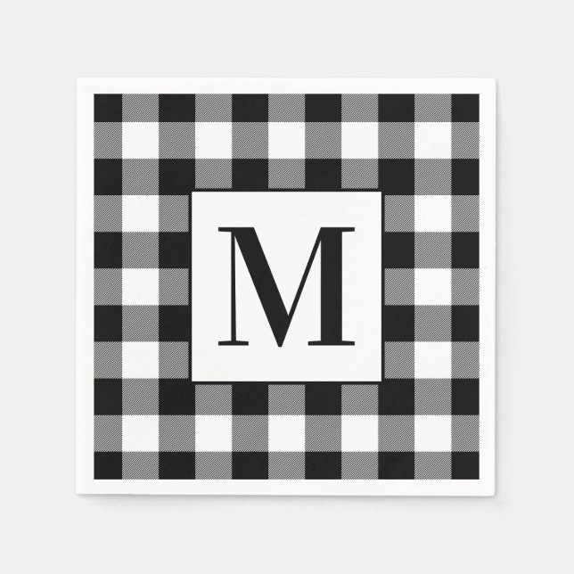 Monogrammed Black and White Buffalo Plaid Napkins (Front)