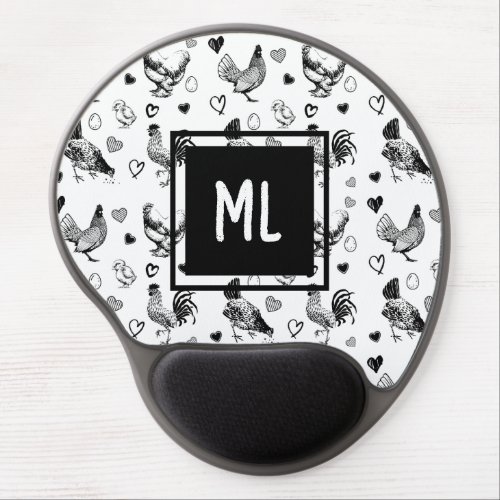 Monogrammed Black and White Cartoon Chickens Gel Mouse Pad