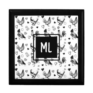 Monogrammed Black and White Cartoon Chickens Gift Box