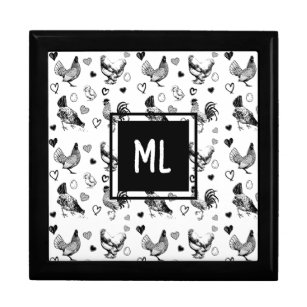 Monogrammed Black and White Cartoon Chickens Gift Box