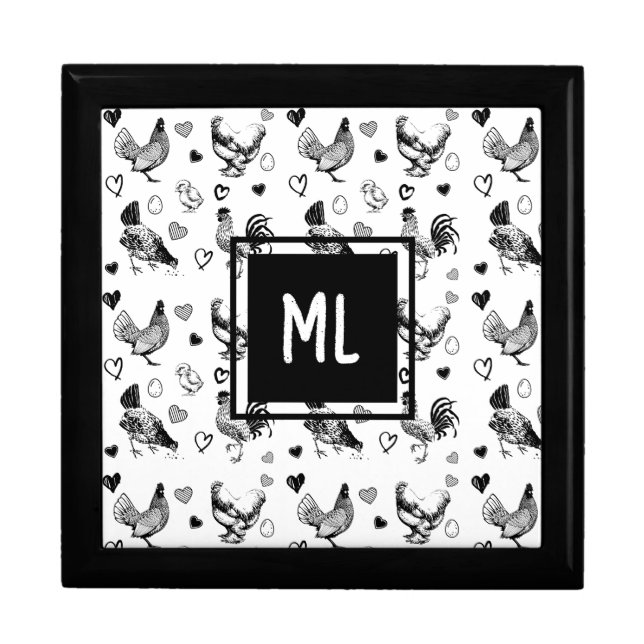 Monogrammed Black and White Cartoon Chickens Gift Box (Front)