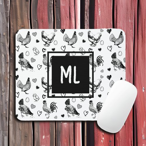 Monogrammed Black and White Cartoon Chickens Mouse Pad