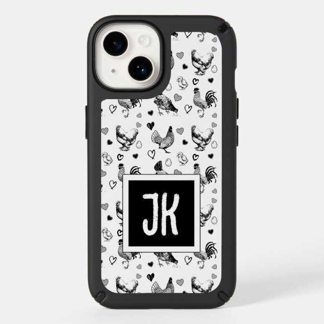Monogrammed Black and White Cartoon Chickens Speck iPhone Case (Front)