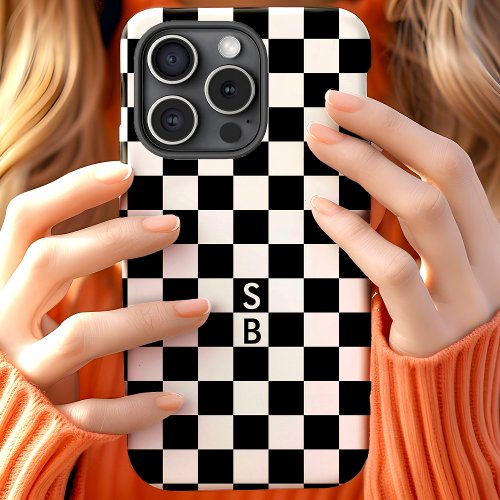 Monogrammed Black And White Checkerboard Pattern iPhone 15 Case