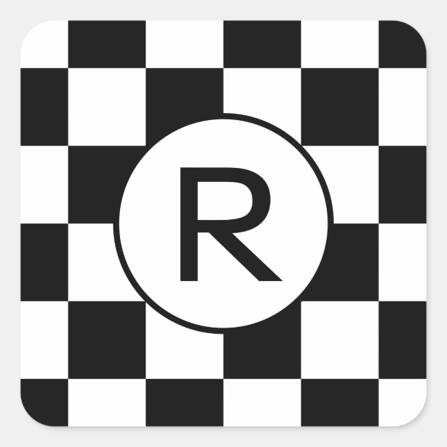 Monogrammed Black and White Checkered Pattern Square Sticker (Front)