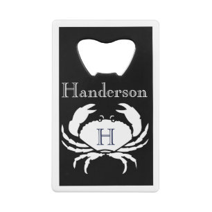 Monogrammed Black and White Crab Nautical Credit Card Bottle Opener