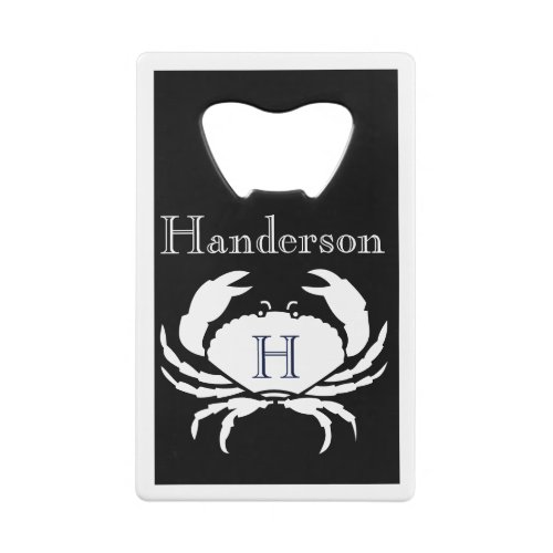 Monogrammed Black and White Crab Nautical  Credit Card Bottle Opener