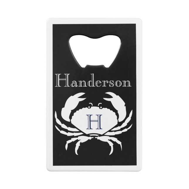 Monogrammed Black and White Crab Nautical  Credit Card Bottle Opener (Back)