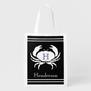 Monogrammed Black and White Crab Nautical Grocery Bag