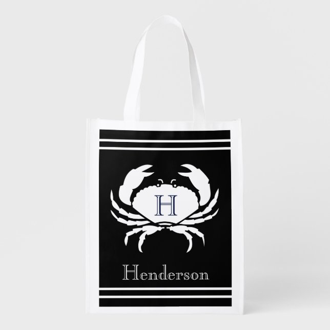 Monogrammed Black and White Crab Nautical Grocery Bag (Front)