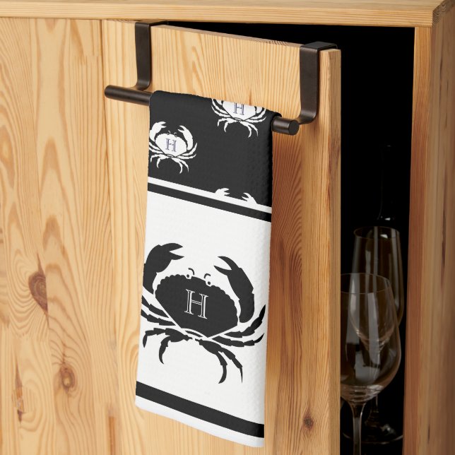 Monogrammed Black and White Crab Nautical   Kitchen Towel (Thirds Fold)