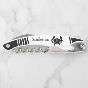 Monogrammed Black and White Crab Nautical Waiter's Corkscrew