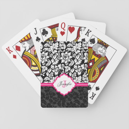 Monogrammed Black And White Damask Pink Stripe Poker Cards