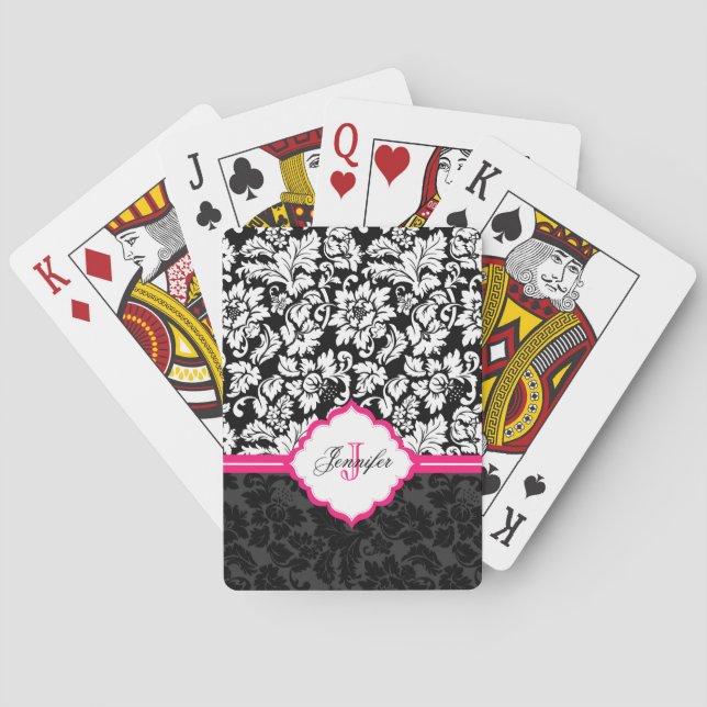 Monogrammed Black And White Damask Pink Stripe Poker Cards (Back)