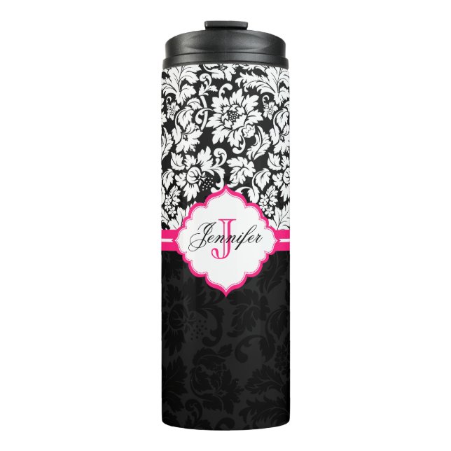 Monogrammed Black And White Damask Thermal Tumbler (Front)