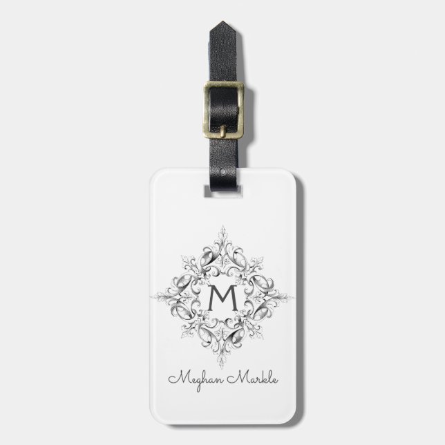 Monogrammed Black and White elegant script Luggage Tag (Front Vertical)