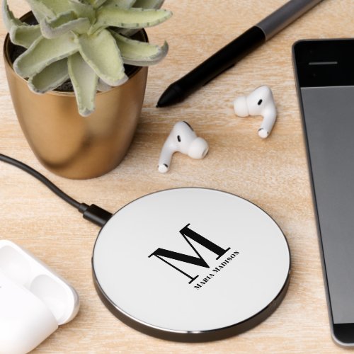 Monogrammed Black and white Elegant Sophisticated  Wireless Charger