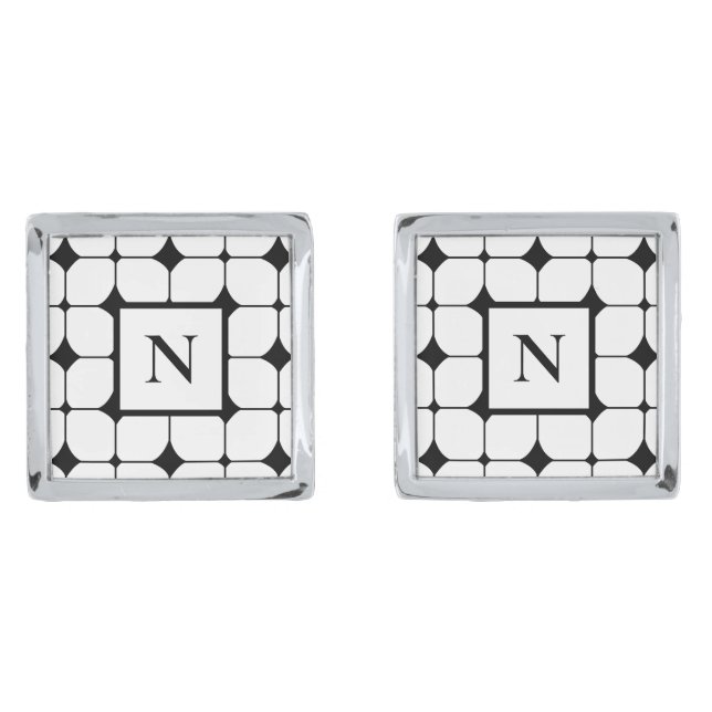 Monogrammed Black and White Geometric Pattern Cufflinks (Front)